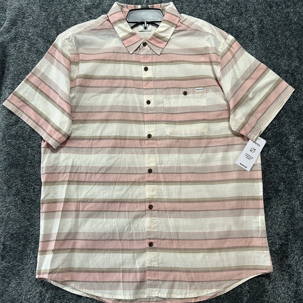 Hurley Mens Size XL Beige OAO LIDO Stripe Button Up Short Sleeve Shirt